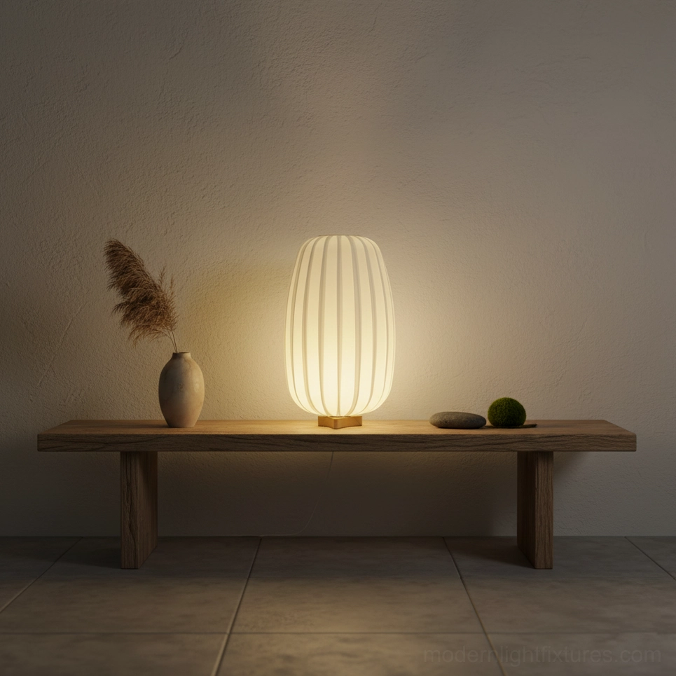 Minimalist fabric table lamp with natural wooden base close-up detail view
