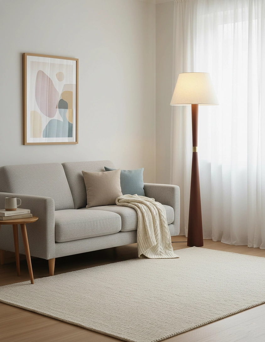 Wooden floor lamp with brass ring enhancing bright minimalist living room with sheer curtains and contemporary sofa