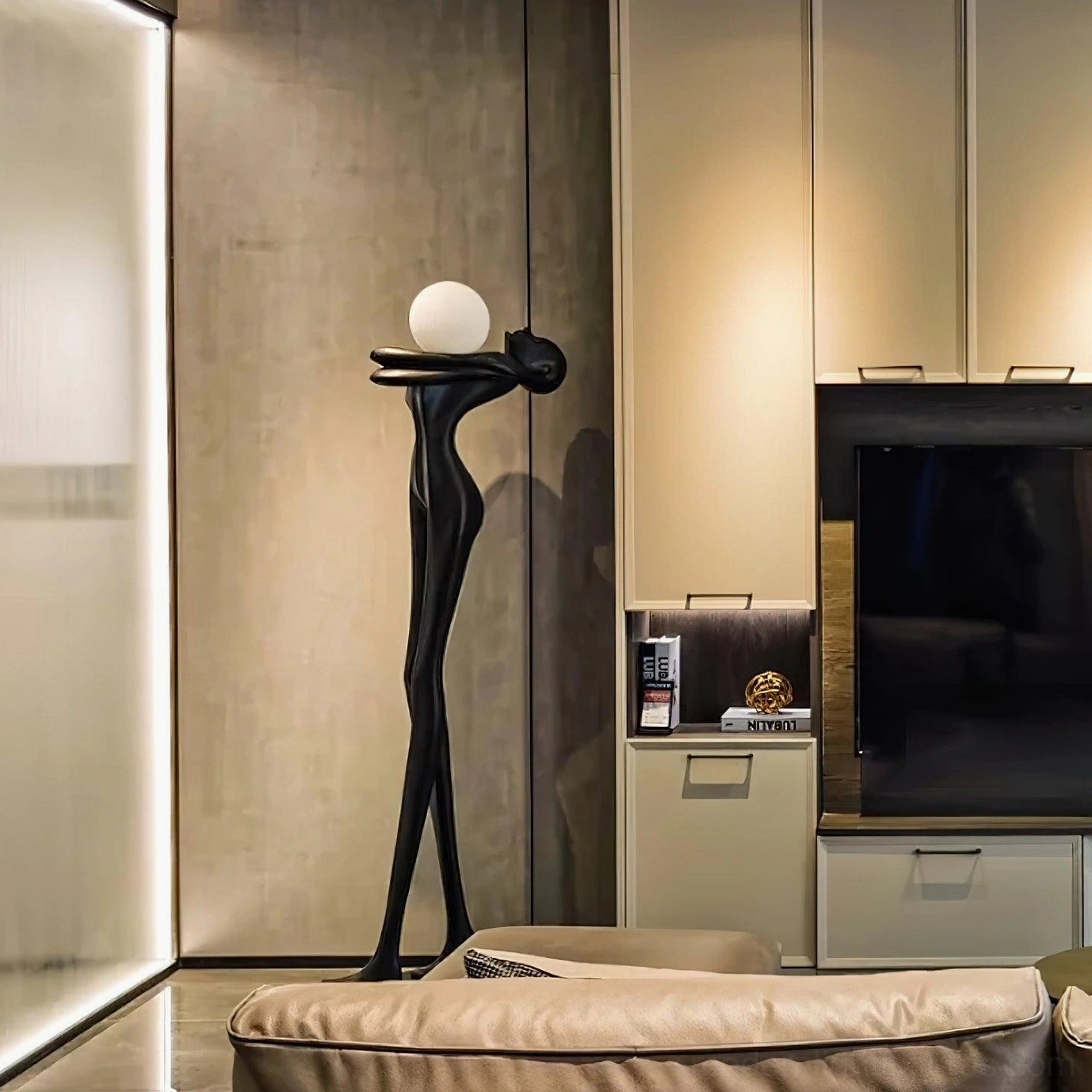 Minimalist sculpture floor lamp full view, matte black resin construction, artistic home lighting solution