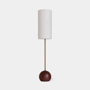 Minimalist floor lamp with white fabric shade and dark walnut wooden spherical base, front studio view