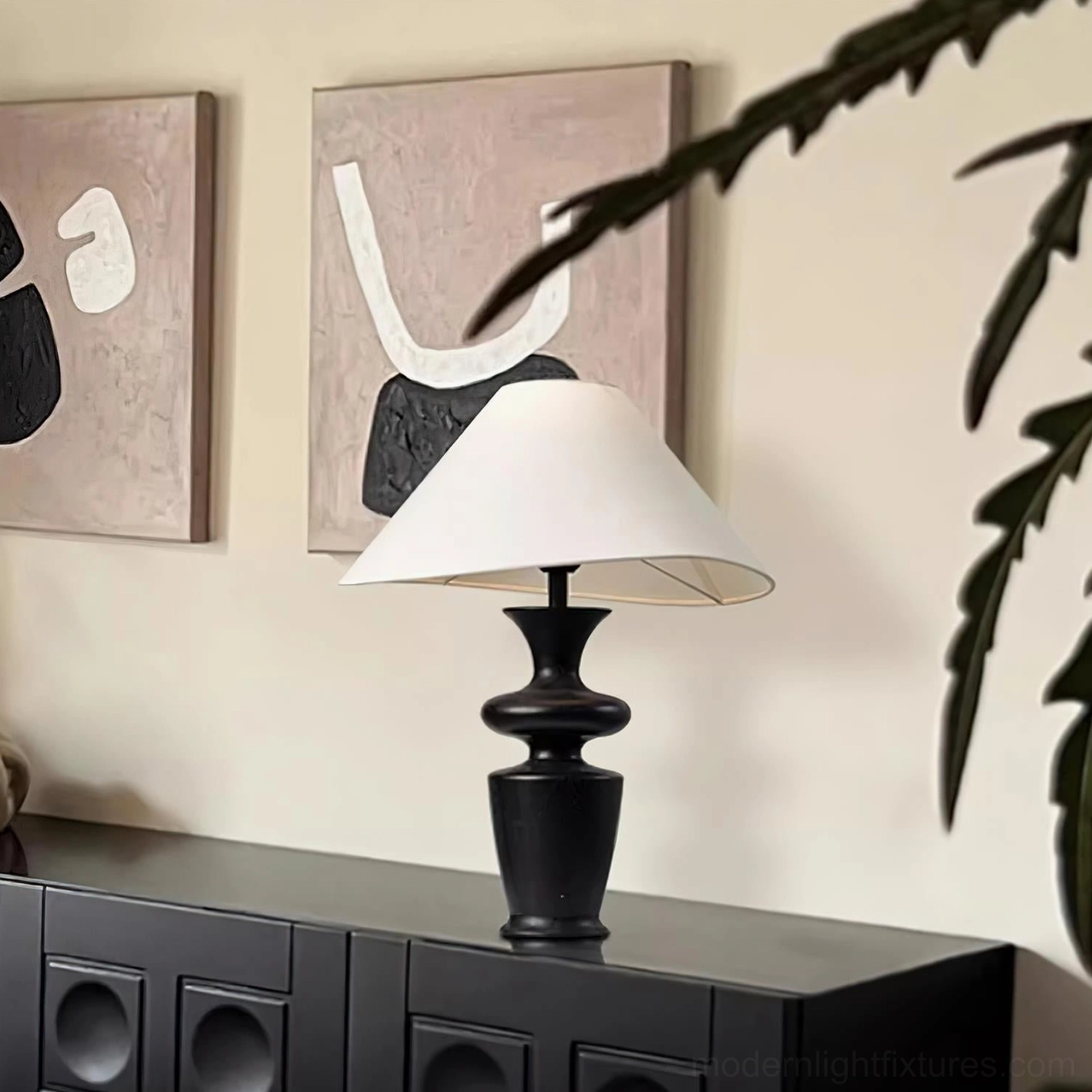 Contemporary minimalist table lamp with integrated 59-inch power cord and push-button switch, product feature detail view