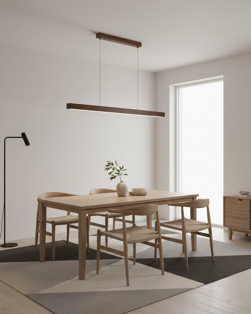 Minimalist walnut linear pendant chandelier above modern dining table with warm ambient 3000K light in contemporary interior