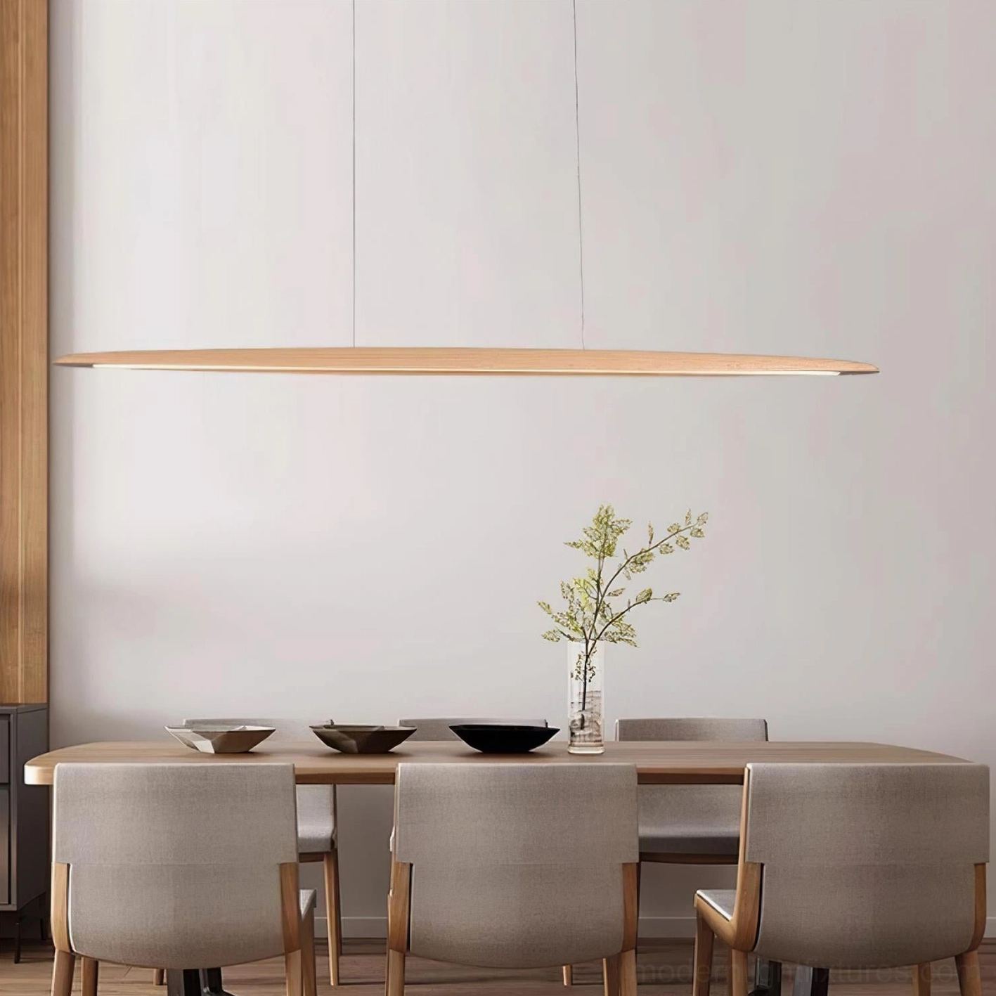 Minimalist luxury dining room featuring linear LED wood chandelier with light natural wood finish and green plant