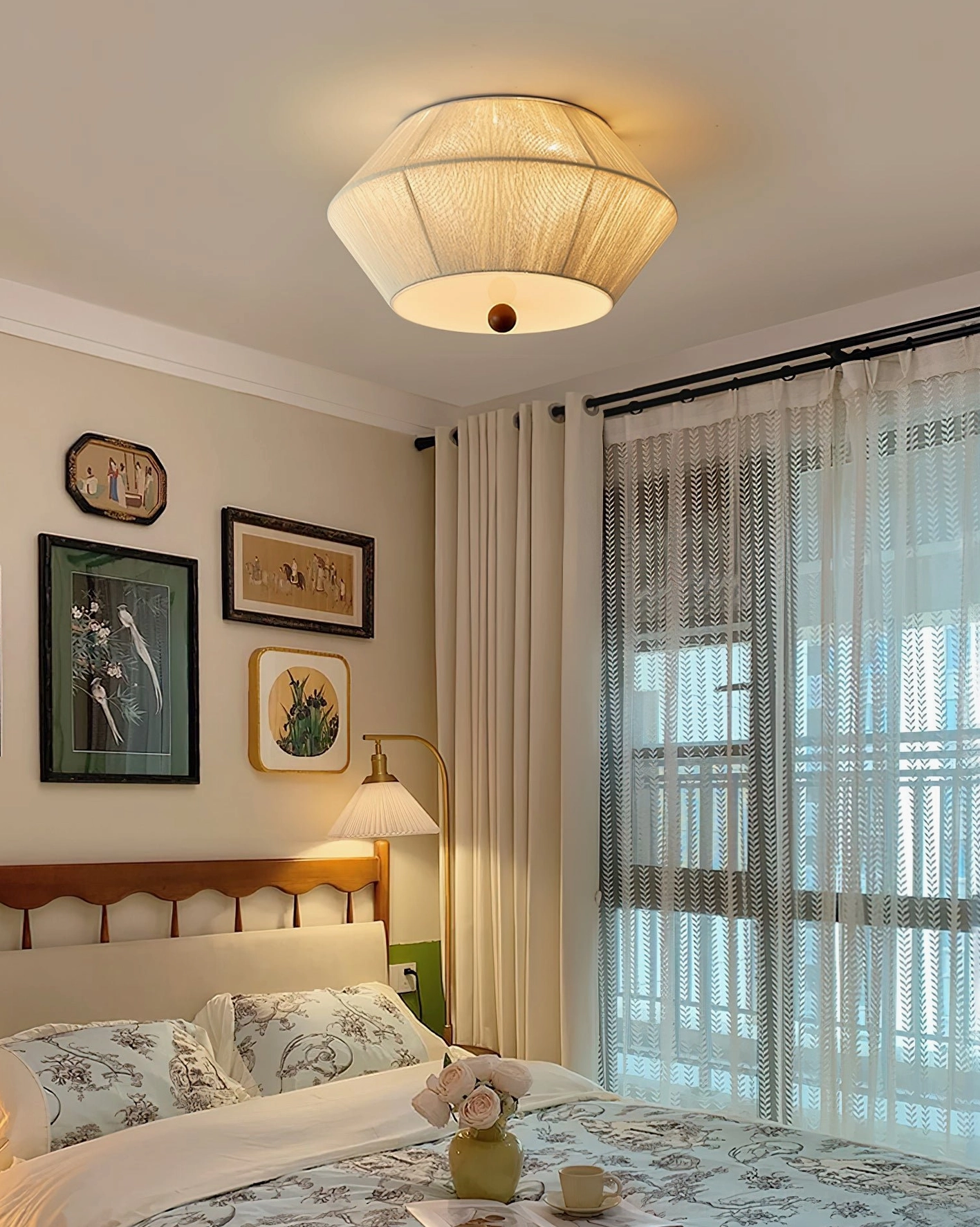 Contemporary tapered fabric flush mount ceiling light installed in minimalist modern home interior