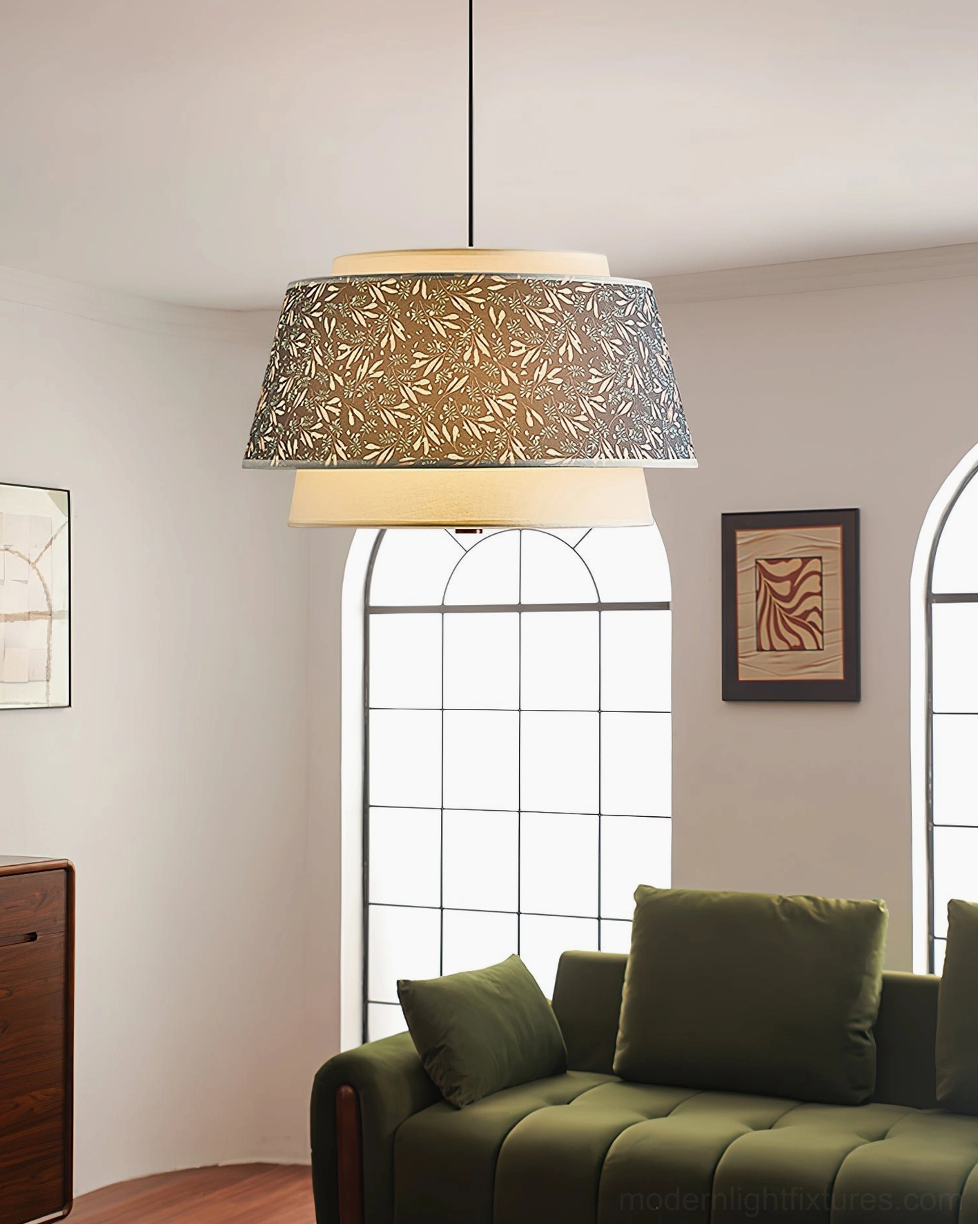 Warm minimalist Nordic tiered pendant light with leaf print shade in contemporary living room setting