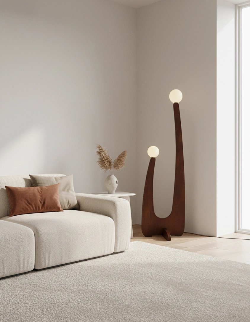 Sculptural oak floor lamp with soft frosted glass diffusion in minimalist neutral-toned living room corner