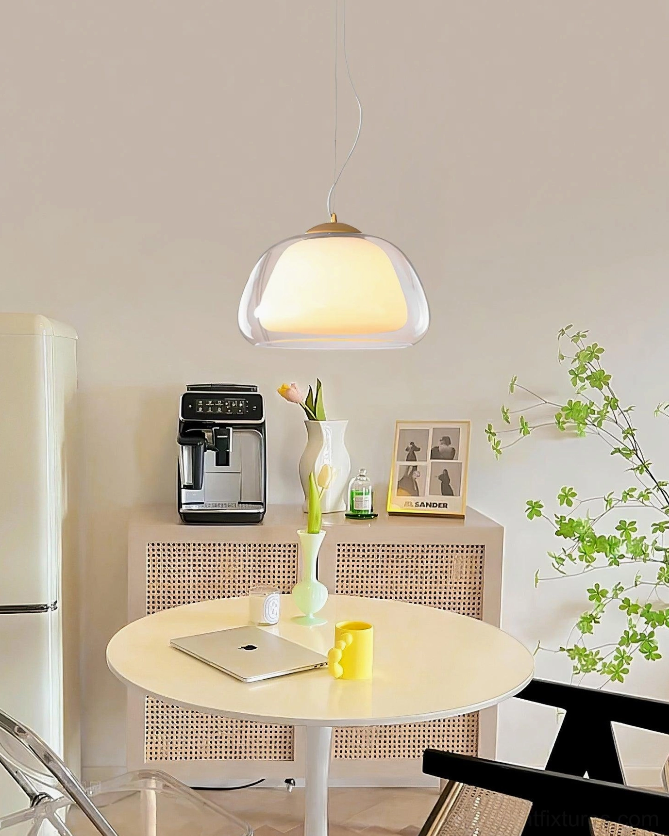 Modern double-layer glass pendant light in scandinavian-inspired home setting with natural lighting