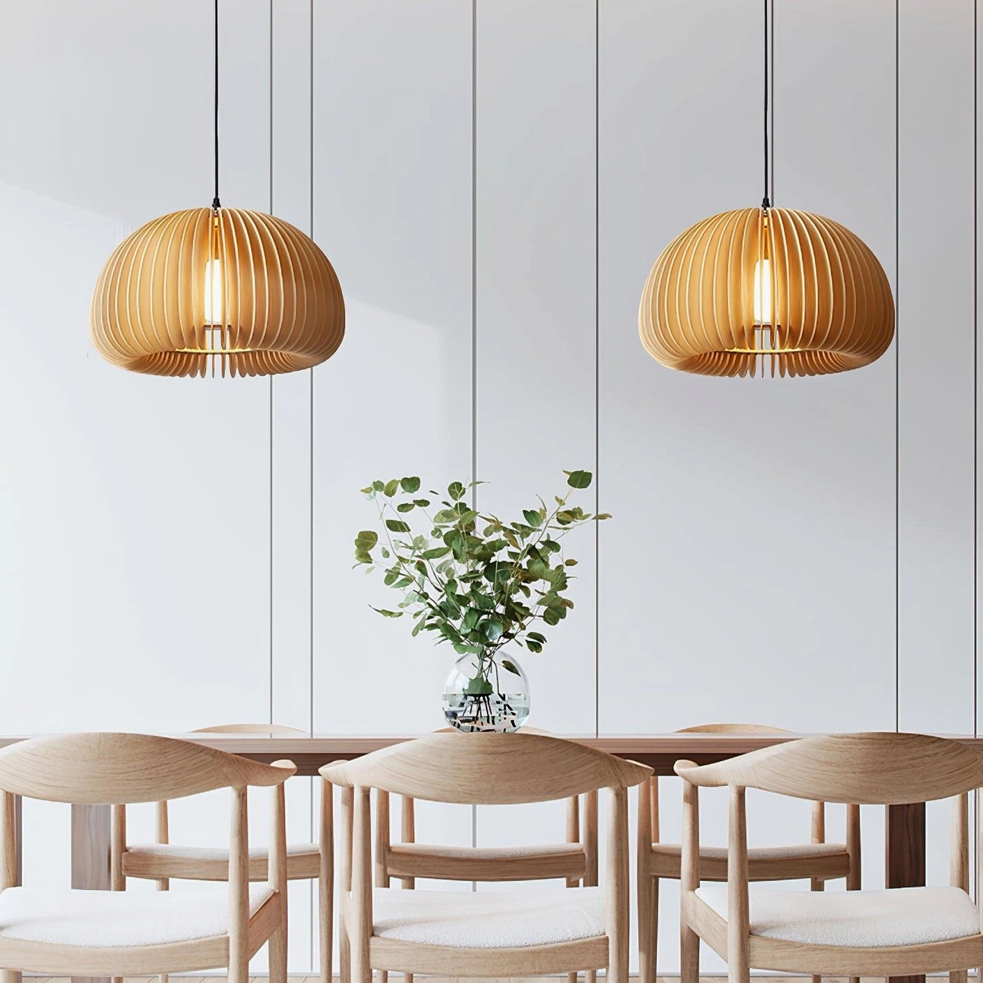 Natural wood slatted pumpkin pendant lamp minimalist design for contemporary spaces