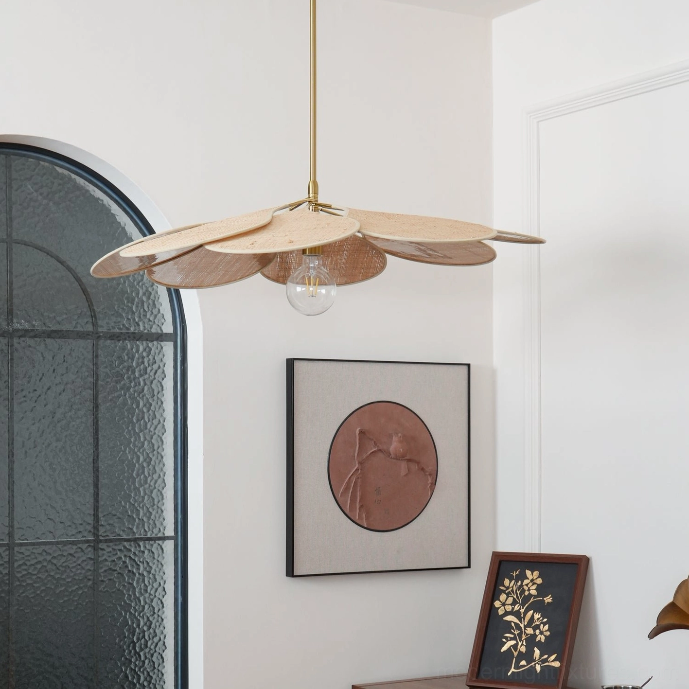 Minimalist rattan bloom pendant light with uniform light brown woven petals and modern aesthetic