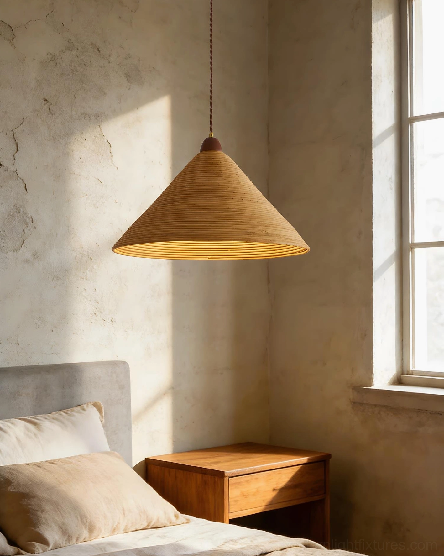 Cozy bedroom corner with cone rattan pendant light creating warm ambient natural lighting
