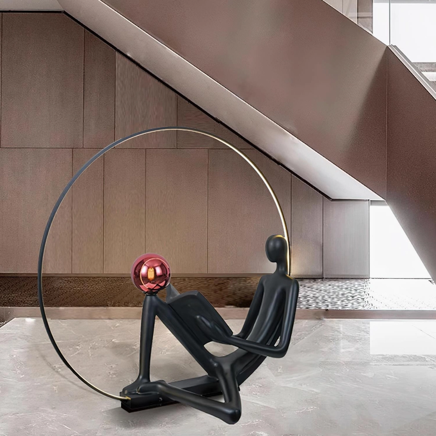 Modern minimalist reader figure floor lamp, black and red artistic design, 130cm tall sculptural lighting