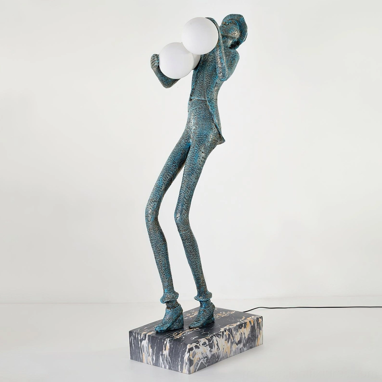 Humanoid sculpture floor lamp with frosted glass lights in minimalist room design aesthetic