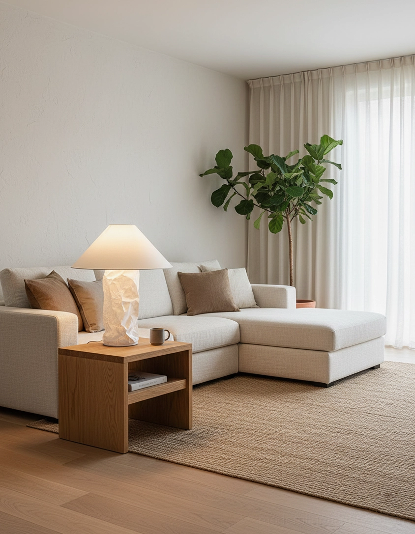 Minimalist modern living room featuring crinkled paper table lamp on side table with neutral decor