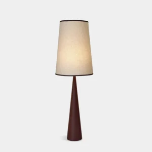 Ernest minimalist tapered floor lamp with walnut wooden base and off-white fabric shade displayed in studio setting