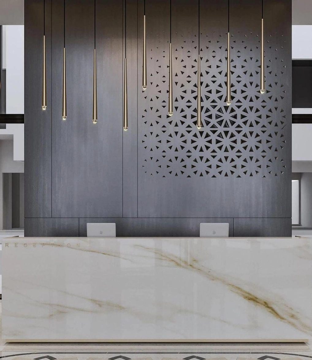 Contemporary minimalist chandelier with tapered brass rod elements