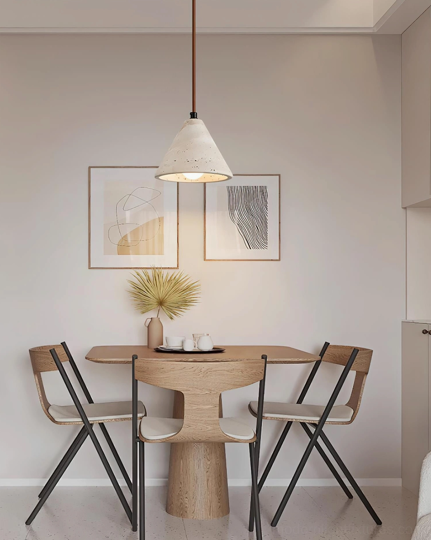 Minimalist travertine stone pendant light showcasing conical shape with authentic geological surface character