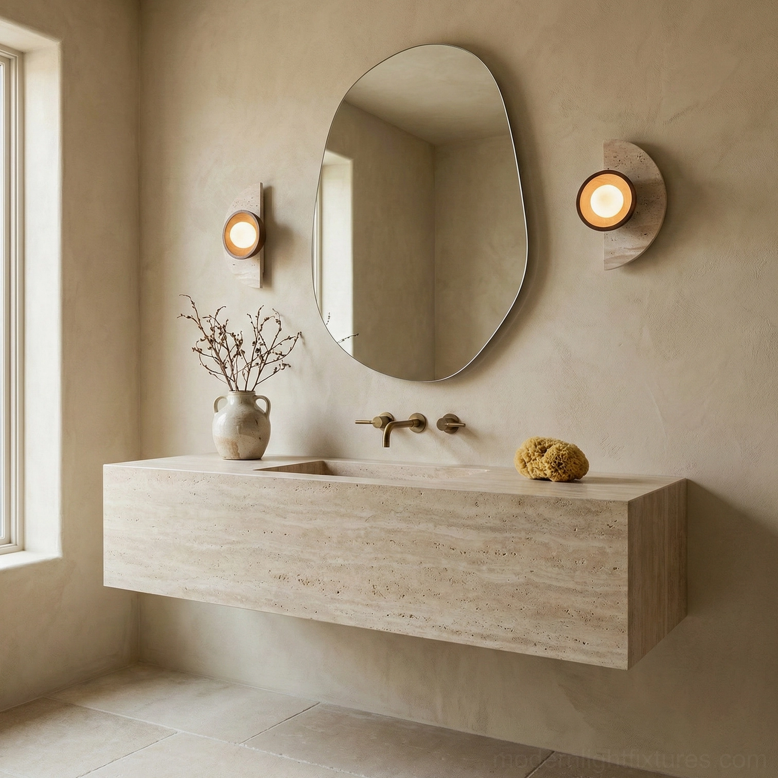 Modern minimalist wall sconce in neutral interior with natural materials and organic aesthetic design