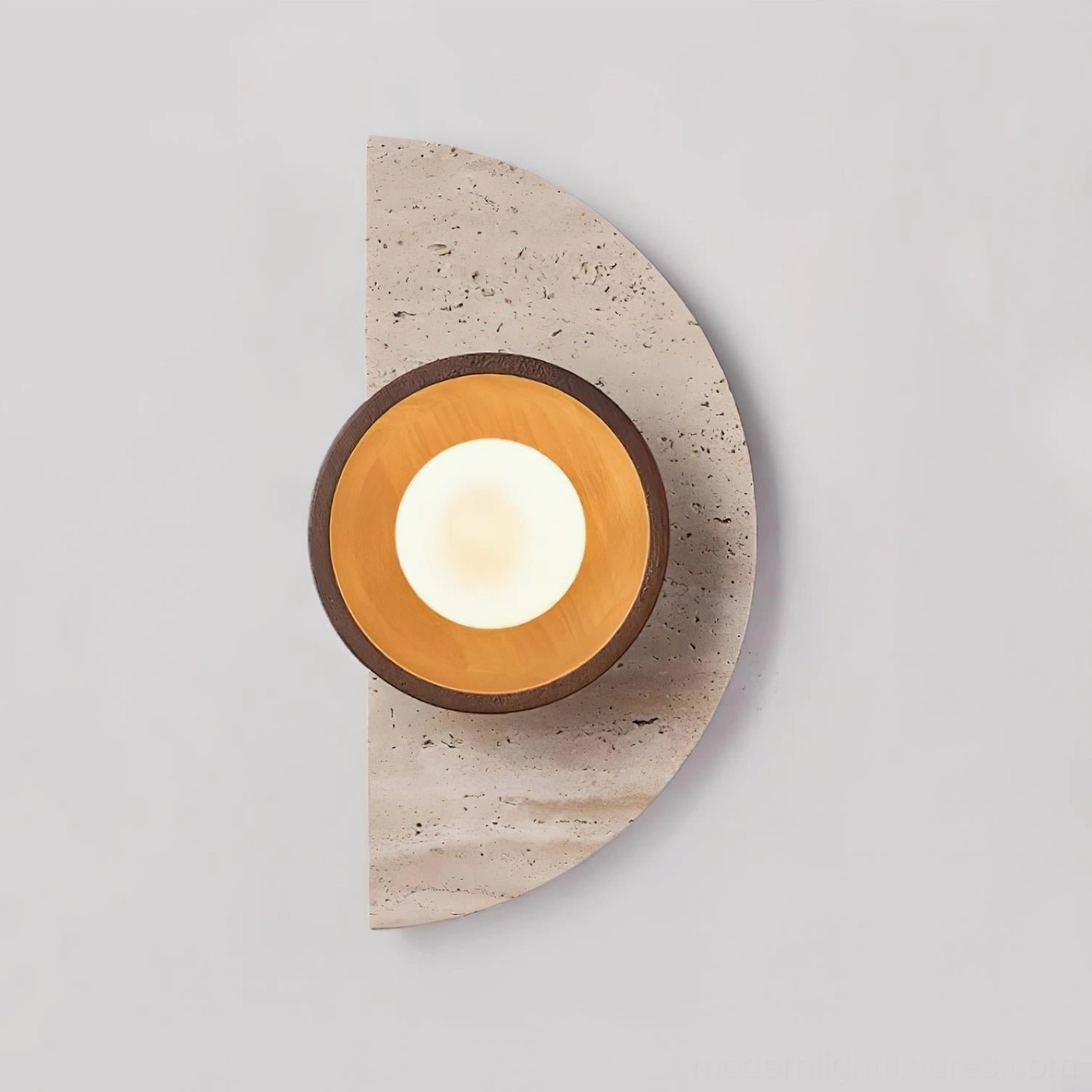 Modern minimalist wall sconce with travertine stone and warm wood finish in interior design setting