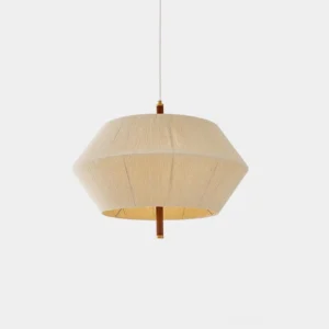 Modern minimalist wabi-sabi pendant lamp with beige linen shade and wood metal hardware, front studio view