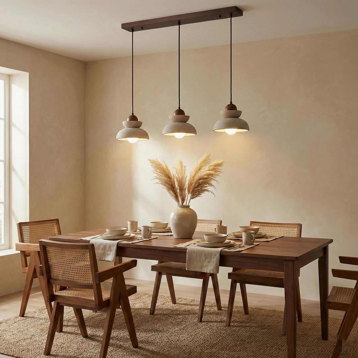 Minimalist wabi-sabi style stone pendant light architectural black rod suspension