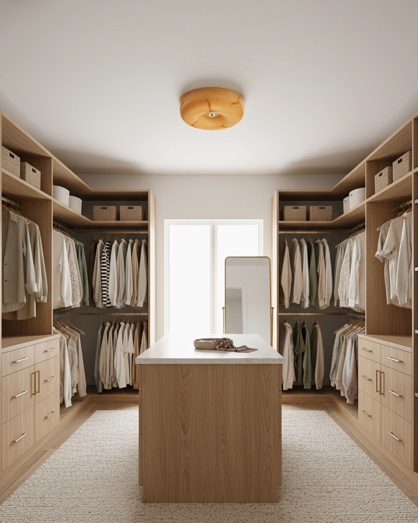 Minimalist ceiling light fixture illuminating spacious walk-in wardrobe with central island