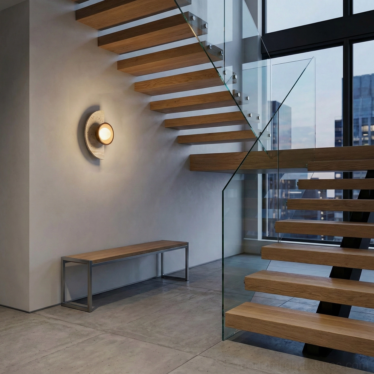 Modern minimalist wall lamp with travertine base and wood accents providing warm ambient lighting in interior space