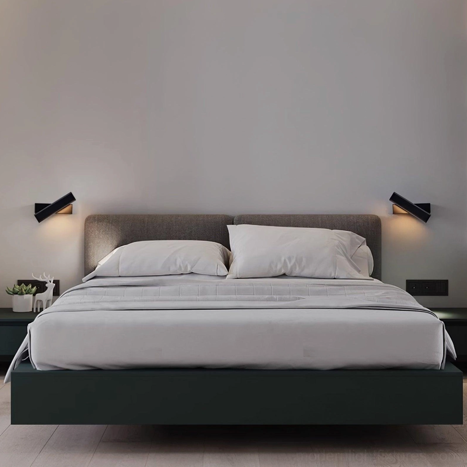 Minimalist rotatable wall lamp mounted in contemporary bedroom space with soft lighting