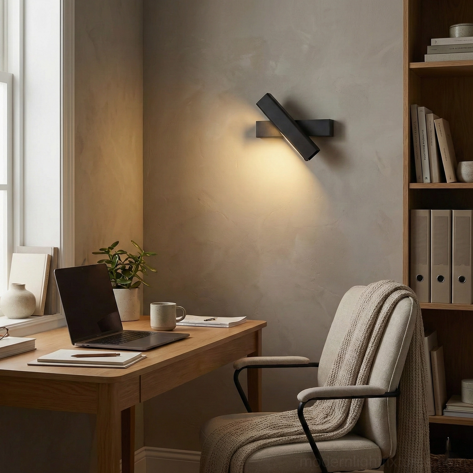Adjustable Nordic wall sconce in home office workspace, mounted to provide focused lighting for work