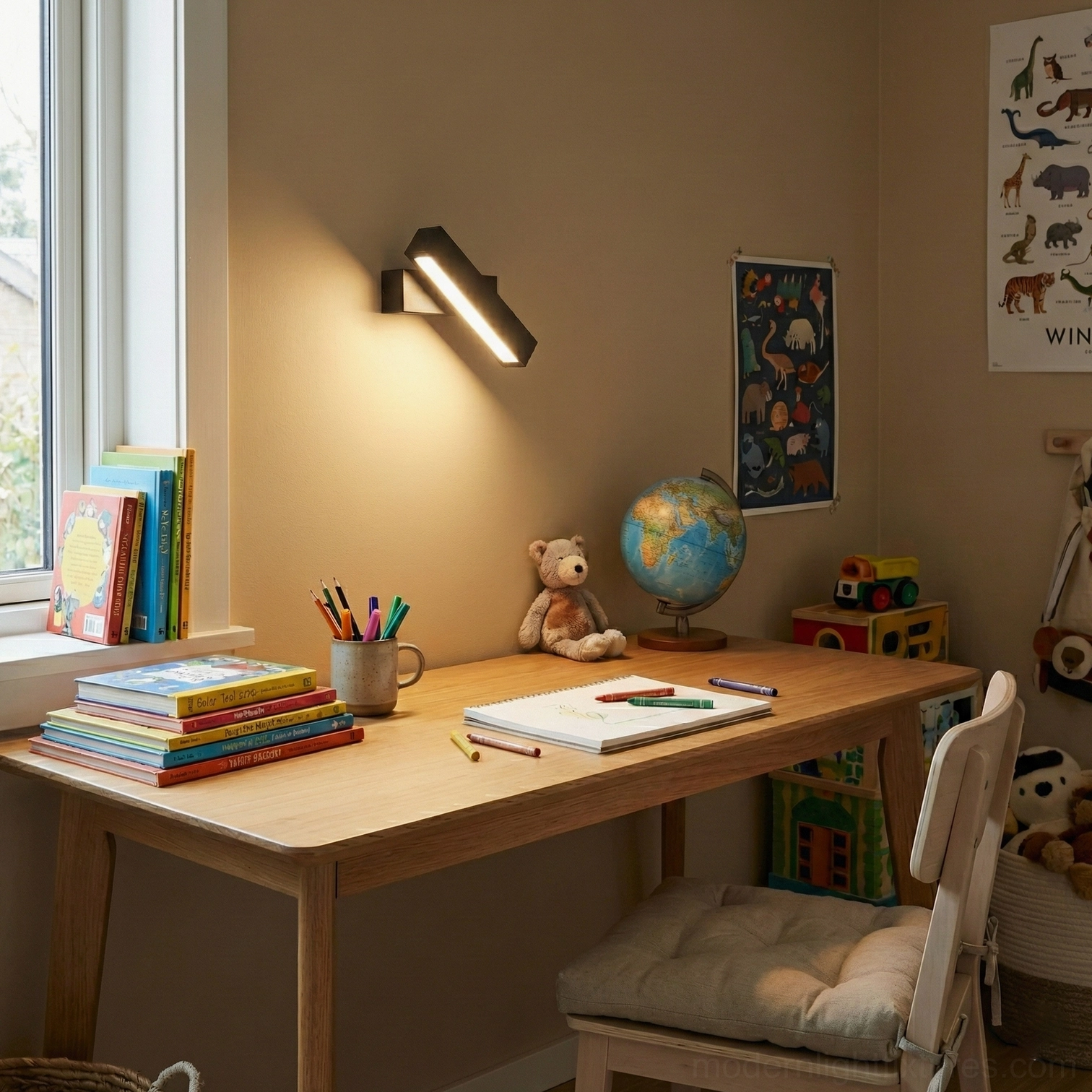 Contemporary wall sconce in kids study room mounted above desk, providing warm task lighting for children