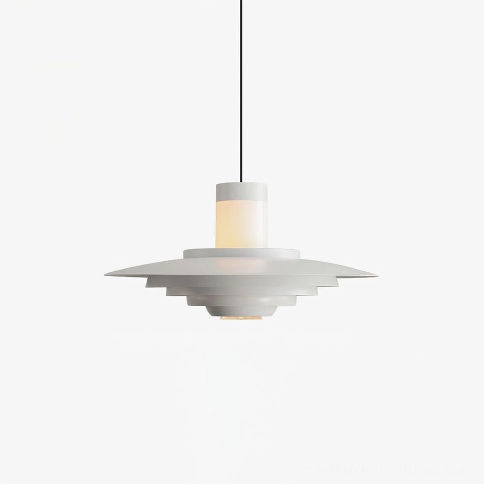 Minimalist white tiered pendant light with clean geometric lines in neutral modern interior, showing versatile design aesthetic and light distribution