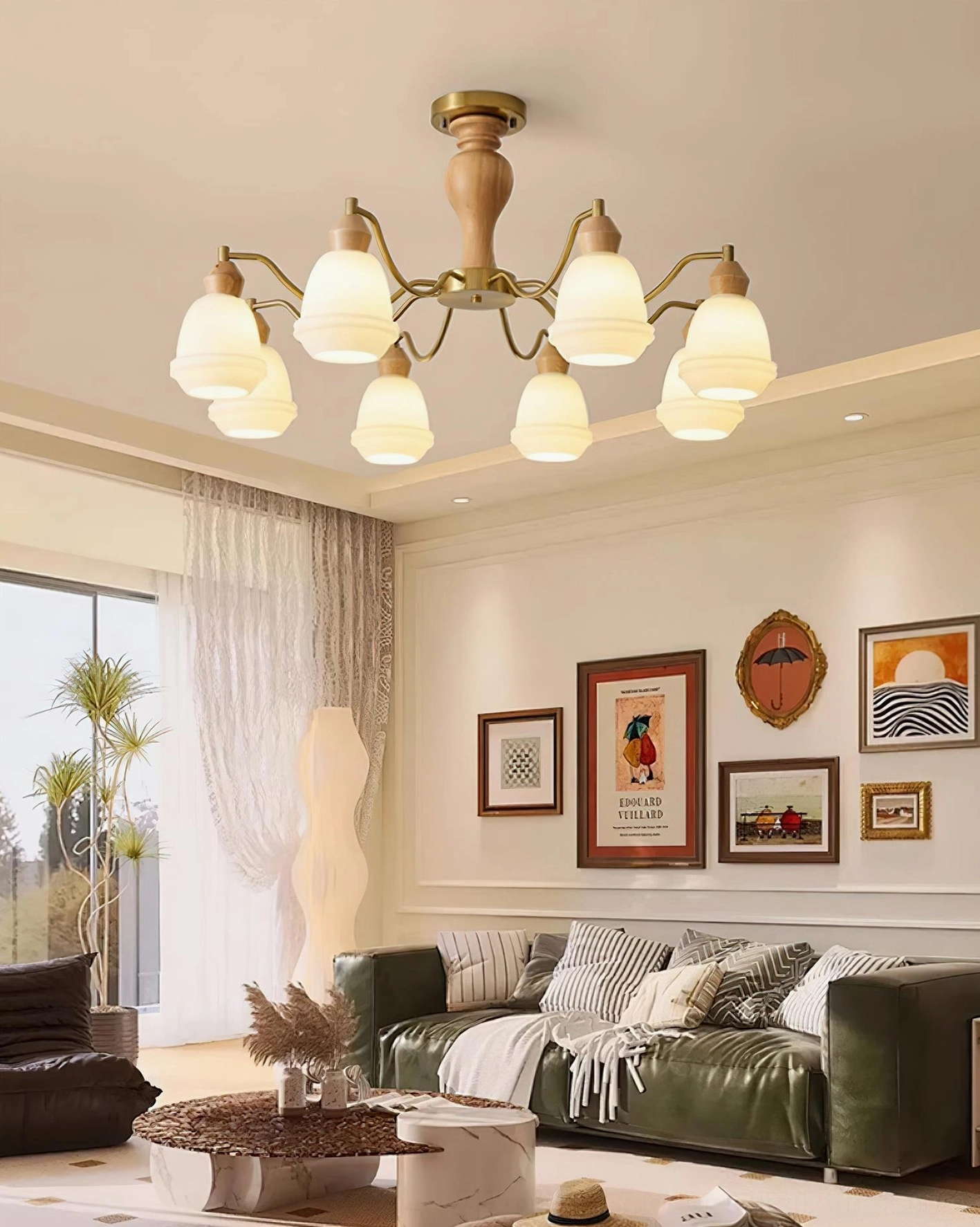 Modern minimalist wood and brass chandelier in contemporary dining space