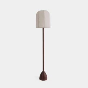 Minimalist wood floor lamp with linen shade front view - modern Nordic design with tapered wooden base