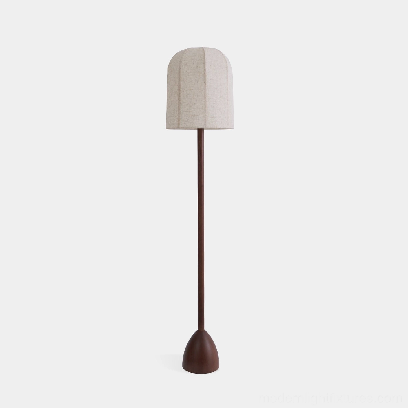 Minimalist wood floor lamp with linen shade front view - modern Nordic design with tapered wooden base