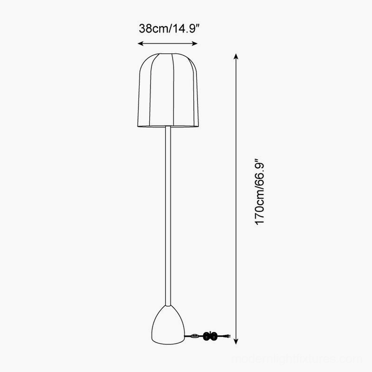 Technical drawing of minimalist wood floor lamp - dimension specifications 38cm base 170cm height