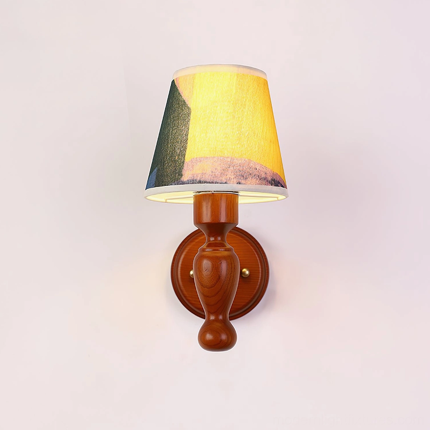 Wood wall sconce with fabric lampshade, minimalist modern aesthetic