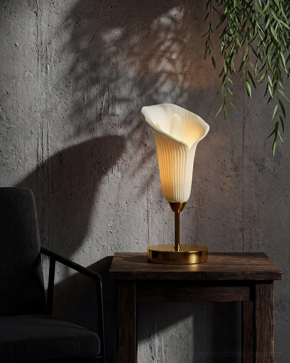 Single-head calla lily table lamp on dark wood side table minimalist luxury home setting