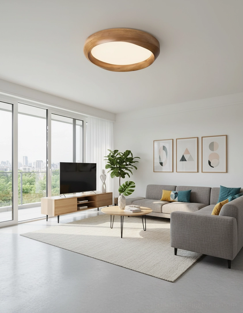 Wood-grain rimmed round flush mount ceiling lamp in bright modern living room with natural light