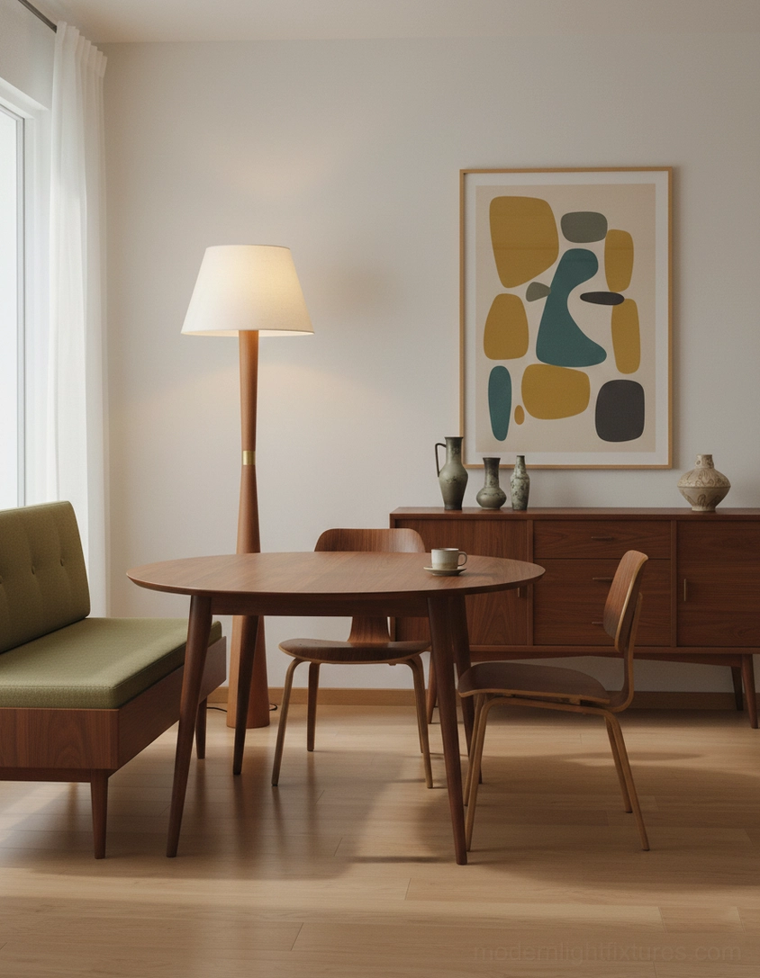 Contemporary minimalist wooden floor lamp full view showing tapered wooden body and neutral fabric shade