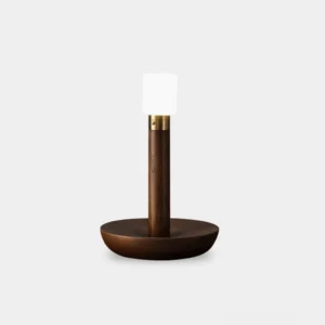 Modern minimalist wooden table lamp with frosted acrylic shade and brass hardware on white studio background