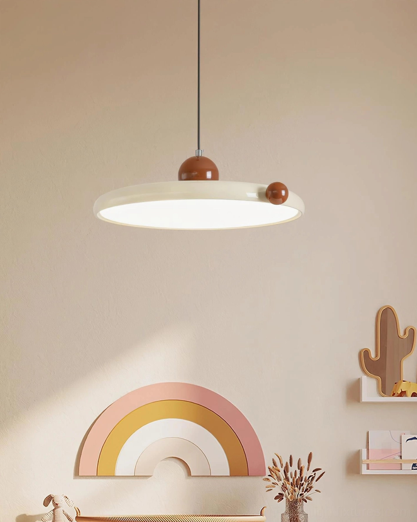 Minka modern geometric pendant light showcase, beige and red color variants side angle