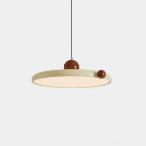 Minka modern geometric disc pendant light with cream acrylic shade and spherical bronze accents, front overhead view