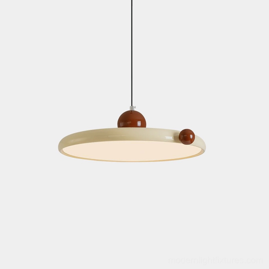 Minka modern geometric disc pendant light with cream acrylic shade and spherical bronze accents, front overhead view