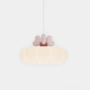 Minnie Heart Cloud Pendant Light in pink with scalloped acrylic shade and decorative heart top detail, overhead studio view