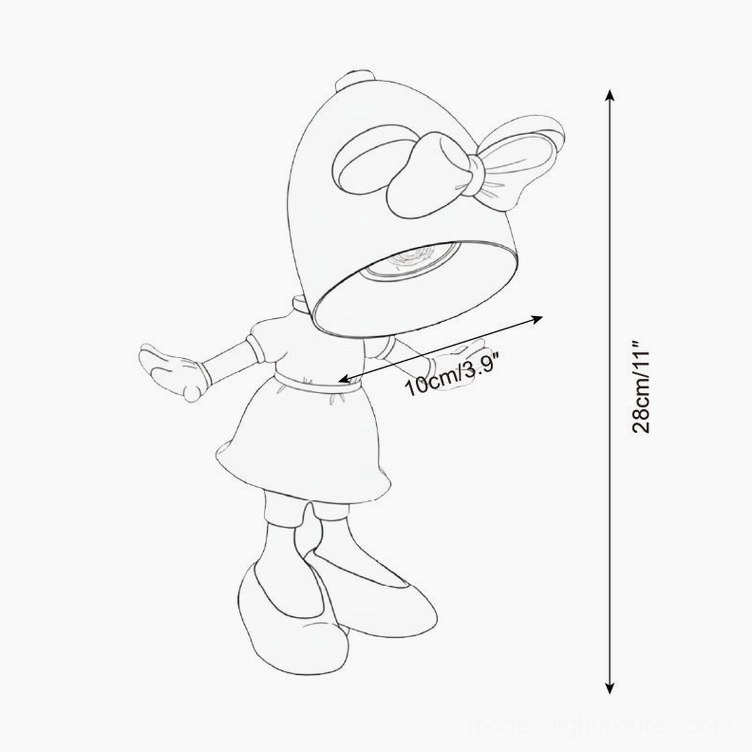 Minnie Mouse candle warmer lamp design sketch showing character silhouette with bow decoration and product measurements