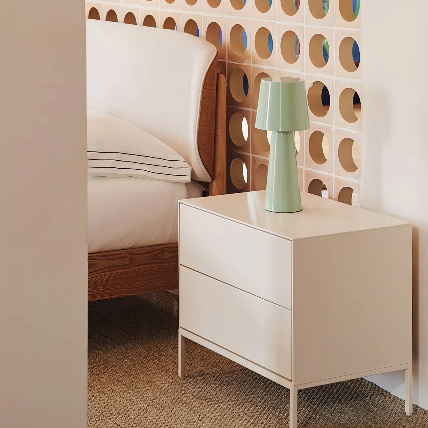 Soft mint green tapered table lamp on bedroom nightstand contemporary design