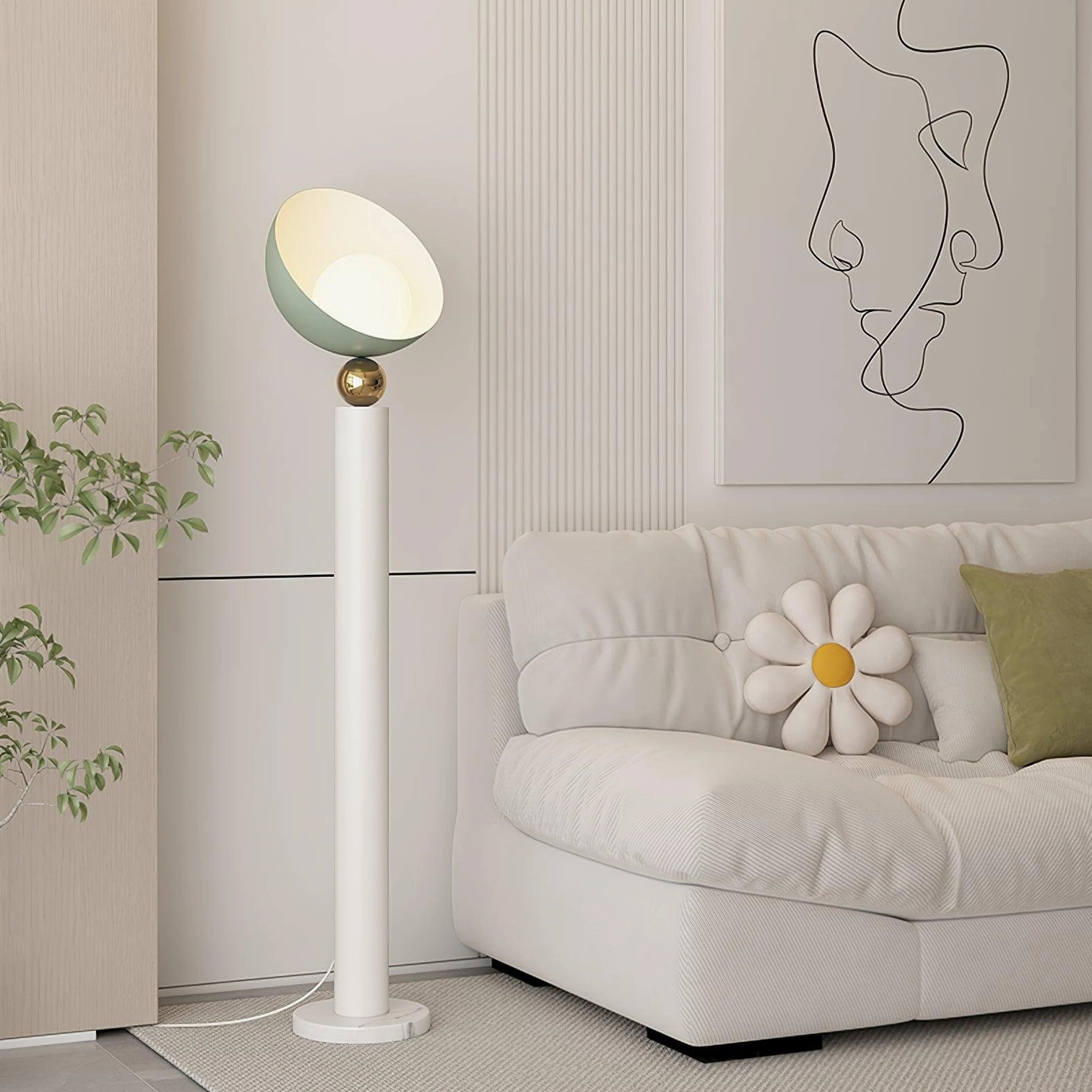 Mint green modern floor lamp with white stand in bright living room beside contemporary sofa, pastel green shade
