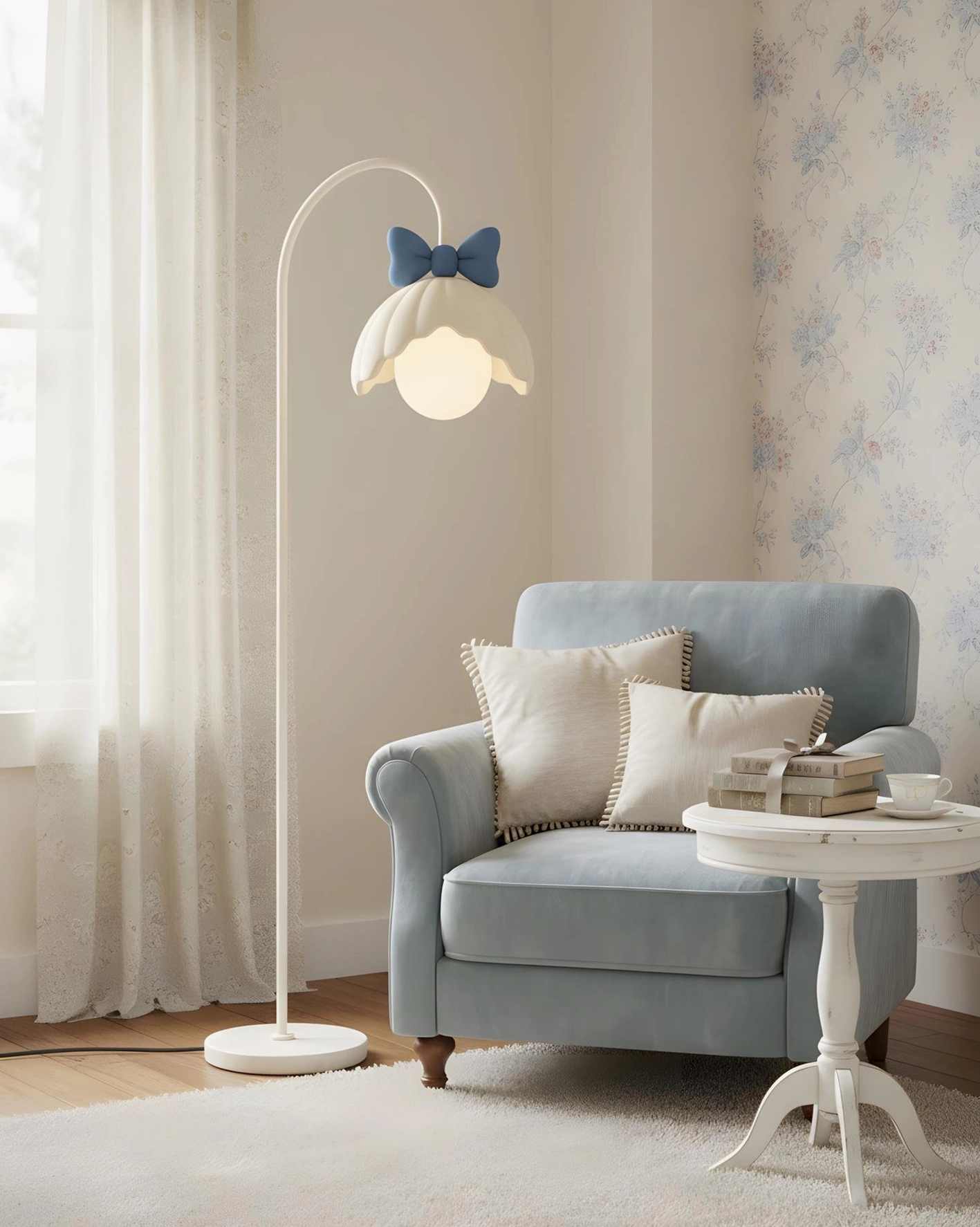 Blue scalloped bow floor lamp side angle in modern soft farmhouse living room with accent chair