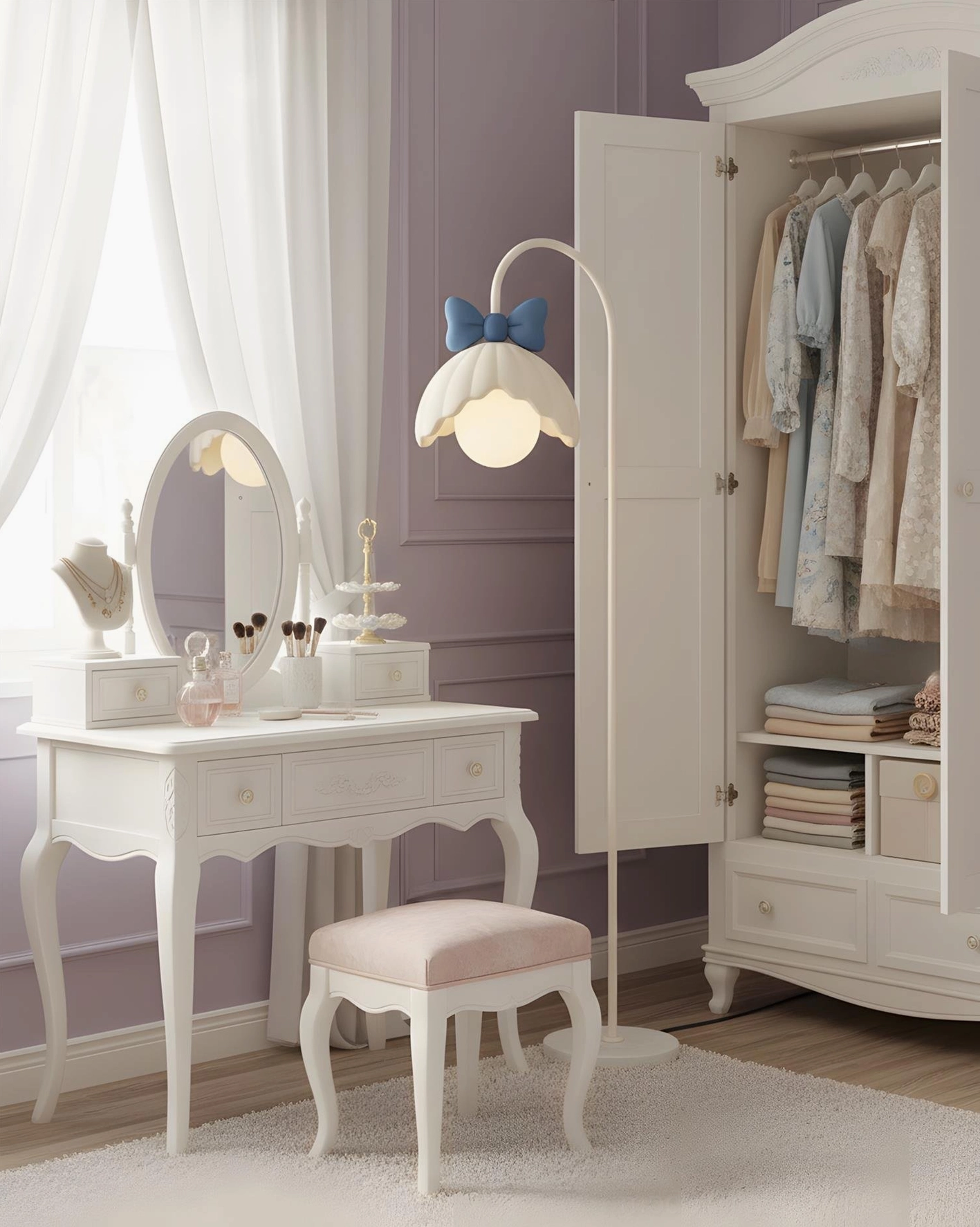 Blue scalloped bow floor lamp side perspective view in French romantic dressing room vanity space