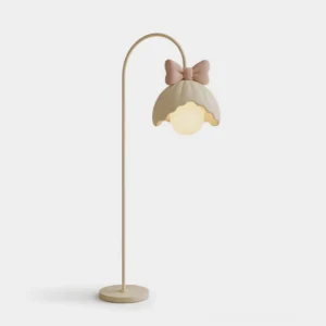 Minty Belle scalloped bow floor lamp front view with soft pastel pink and cream metal frame in studio lighting