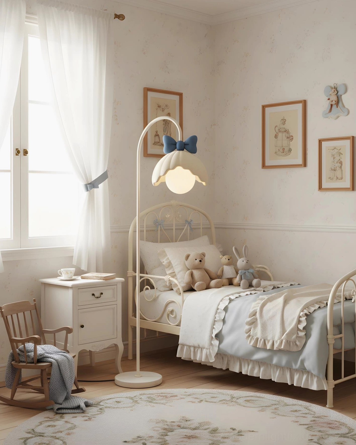 Feminine cottagecore scalloped bow floor lamp three-quarter view in princess style bedroom with warm neutral tones